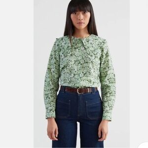 & Other Stories Women’s Green & White Floral Collared Cotton Blouse Sz